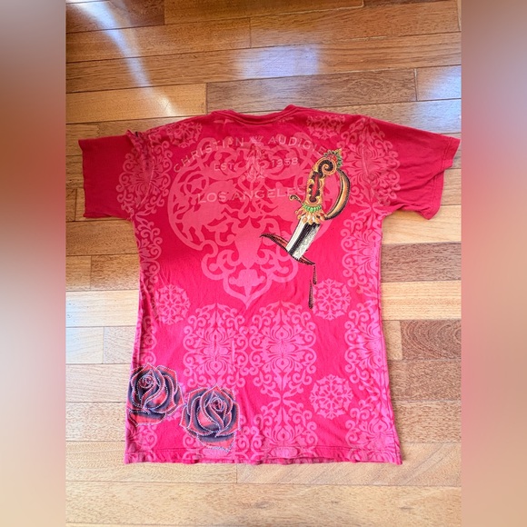 Christian Audigier Men's Red Skull and Rose Tee - Picture 9 of 12